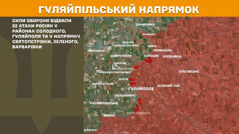 At Huliaipole direction clashes yesterday near Solodke, Huliaipole and towards Svyatopetrivka, Zelene, Varvarivka, - General Staff of Armed Forces of Ukraine reports