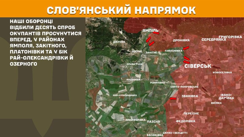 Ukrainas Bruņoto spēku Ģenerālštābs ziņo, ka vakar Slovjanskas virzienā notikušas sadursmes pie Jampilas, Zakitnes, Platonivkas, kā arī Raj-Oleksandrivkas un Ozernes virzienā.