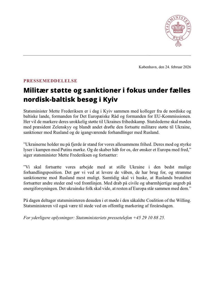 Denmark Prime Minister Mette Frederiksen is in Kyiv today with colleagues from the Nordic and Baltic countries, the President of the European Council, and the President of the European Commission