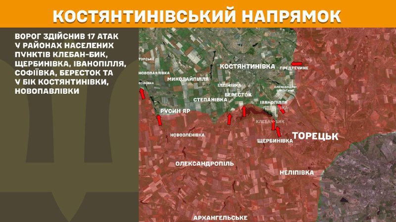 At Kostiantynivka direction clashes yesterday near Kleban-Byk, Scherbynivka, Ivanopillya, Sofiyivka, Berestok and towards Kostyantynivka, Novopavlivka, - General Staff of Armed Forces of Ukraine reports