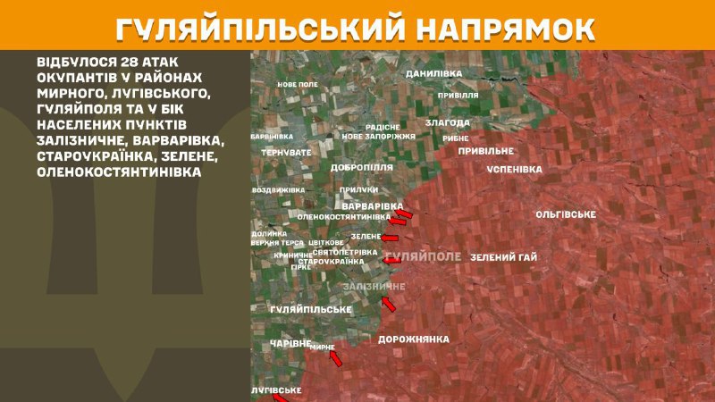 At Huliaipole direction clashes yesterday near Myrne, Luhivske, Huliaipole and towards Zaliznychne, Varvarivka, Staroukrayinka, Zelene, Olenokostyantynivka, - General Staff of Armed Forces of Ukraine reports