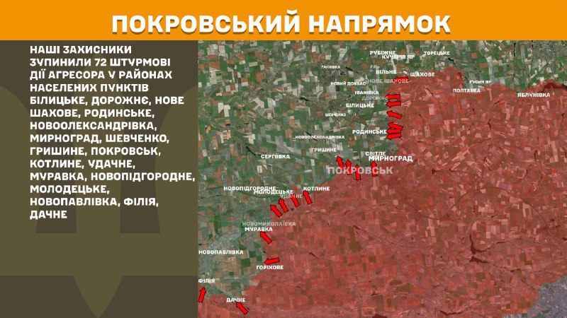 At Pokrovsk direction clashes yesterday near Bilytske, Dorozhnye, Nove Shakhove, Rodynske, Novooleksandrivka, Myrnohrad, Shevchenko, Hryshyne, Pokrovsk, Kotlyne, Udachne, Muravka, Novopidhorodnie, Molodetske, Novopavlivka, Filiya, Dachne, - General Staff of Armed Forces of Ukraine reports
