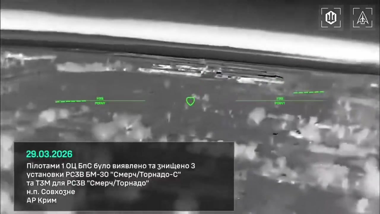 Three BM-30 Smerch/Tornado-S systems and a transport-loader vehicle were destroyed by @1usc_army in a series of strikes on a Russian MLRS base in Crimea overnight on March 29. In a separate attack, fuel tankers were burned near Novosvitlivka in the Luhansk region