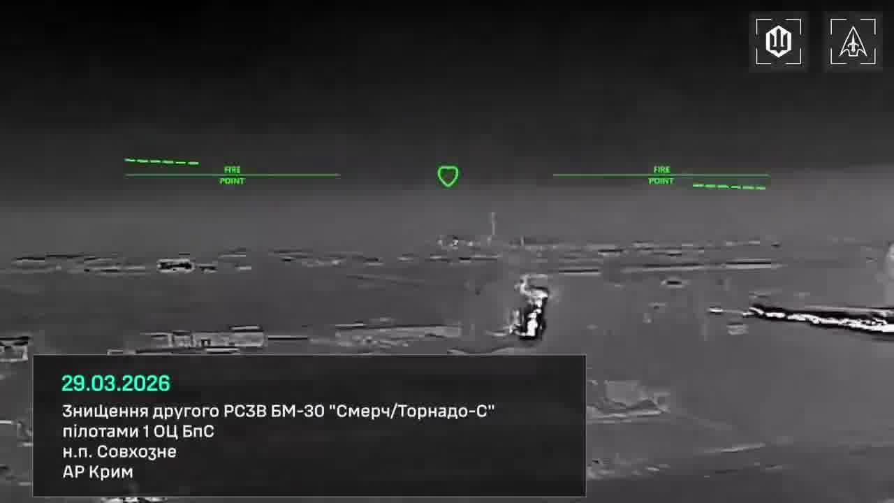 Three BM-30 Smerch/Tornado-S systems and a transport-loader vehicle were destroyed by @1usc_army in a series of strikes on a Russian MLRS base in Crimea overnight on March 29. In a separate attack, fuel tankers were burned near Novosvitlivka in the Luhansk region