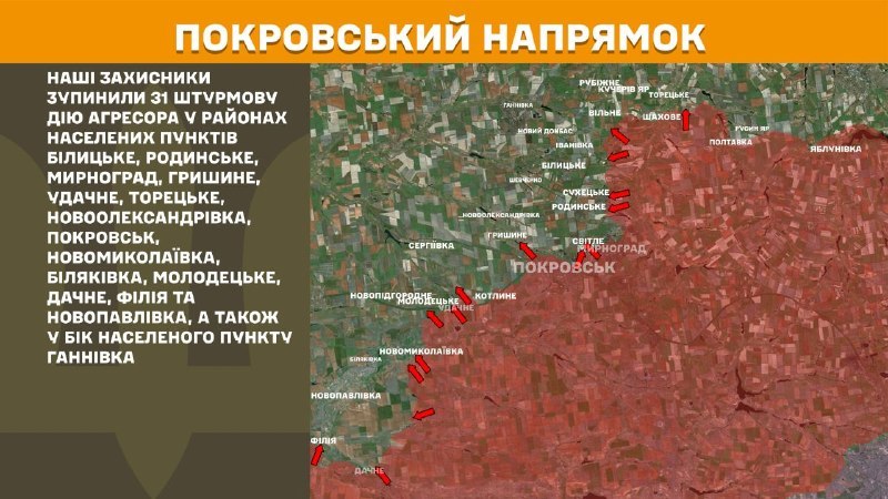 At Pokrovsk direction clashes yesterday near Bilytske, Rodynske, Myrnohrad, Hryshyne, Udachne, Toretske, Novooleksandrivka, Pokrovsk, Novomykolayivka, Bilyakivka, Molodetske, Dachne, Filiya and Novopavlivka, also towards Hannivka, - General Staff of Armed Forces of Ukraine reports