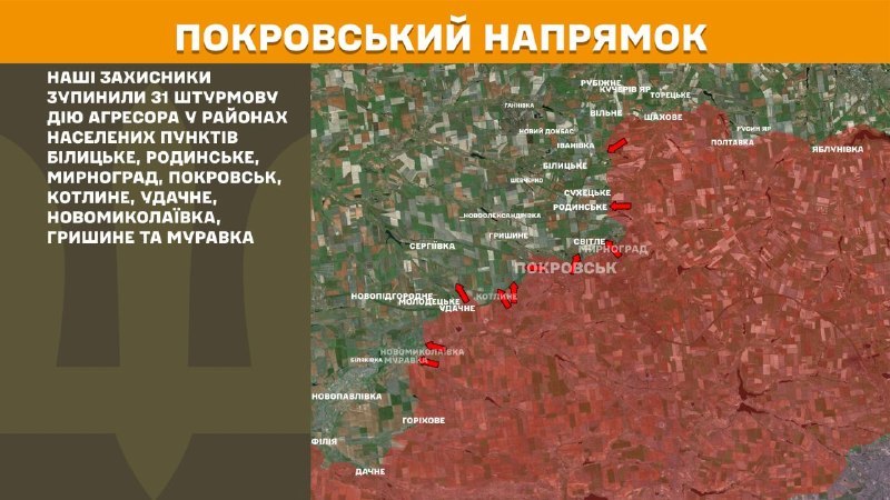 At Pokrovsk direction clashes yesterday near Bilytske, Rodynske, Myrnohrad, Pokrovsk, Kotlyne, Udachne, Novomykolayivka, Hryshyne and Muravka, - General Staff of Armed Forces of Ukraine reports