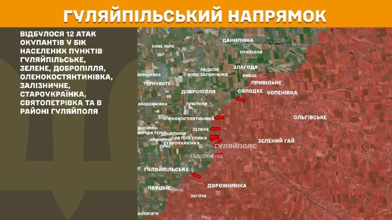 At Huliaipole direction clashes yesterday near Huliaipilske, Zelene, Dobropillya, Olenokostyantynivka, Zaliznychne, Staroukrayinka, Svyatopetrivka and near Huliaipole, - General Staff of Armed Forces of Ukraine reports