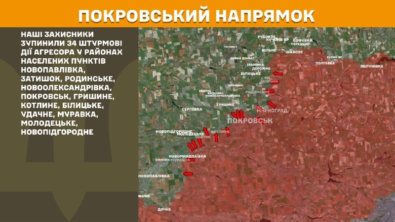 At Pokrovsk direction clashes yesterday near Novopavlivka, Zatyshok, Rodynske, Novooleksandrivka, Pokrovsk, Hryshyne, Kotlyne, Bilytske, Udachne, Muravka, Molodetske, Novopidhorodnie, - General Staff of Armed Forces of Ukraine reports