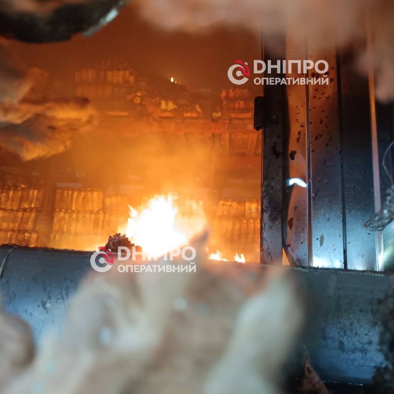 Big fire at the warehouse in Dnipro city after Russian strikes overnight
