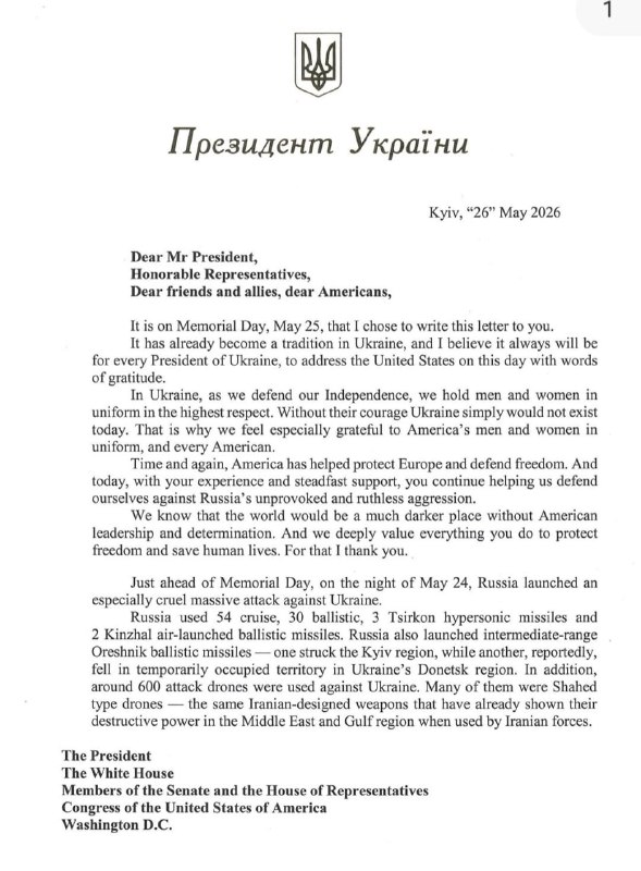 President Zelensky sent a letter to President Trump and to Congress asking for urgent supply of Patriot interceptors 