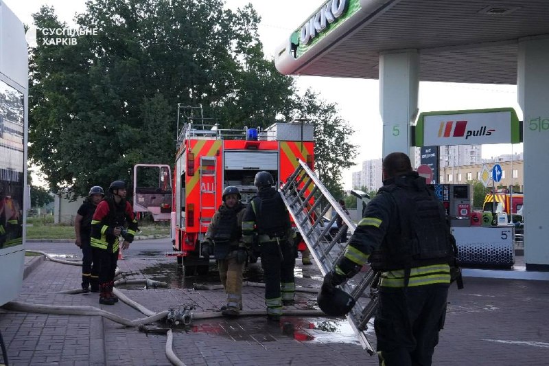 Drones strike at the fuel station in Schevchenkivskyi district of Kharkiv
