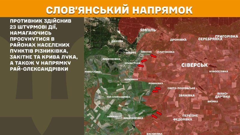 At Sloviansk direction clashes yesterday near Riznykivka, Zakitne and Kryva Luka, also towards Ray-Oleksandrivka, - General Staff of Armed Forces of Ukraine reports
