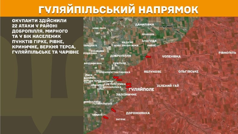 Enfrontaments en direcció Huliaipole ahir prop de Dobropillya, Myrne i cap a Hirke, Rivne, Krynychne, Verkhnya Tersa, Huliaipilske i Charivne, - informa l'Estat Major de les Forces Armades d'Ucraïna