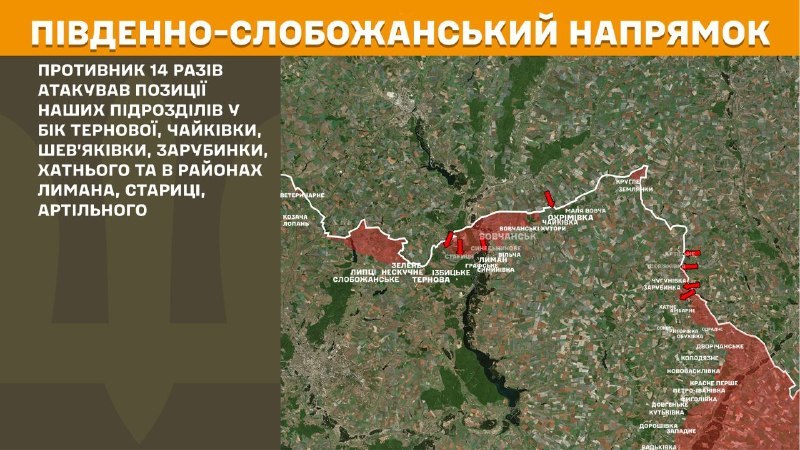 A Slobozhansky Sud (Kharkiv) enfrontaments ahir a prop de Ternova, Chaykivka, Shevyakivka, Zarubynka, Khatne i prop de Lyman, Starytsa, Artilne, - informa l'Estat Major de les Forces Armades d'Ucraïna