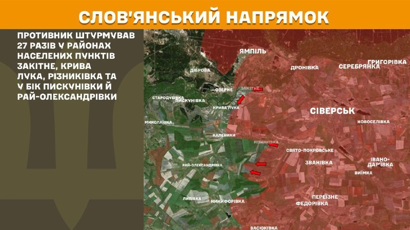Ayer hubo enfrentamientos en dirección Slaviansk cerca de Zakitne, Kryva Luka, Riznykivka y en dirección a Pyskunivka y Ray-Oleksandrivka, informa el Estado Mayor de las Fuerzas Armadas de Ucrania.