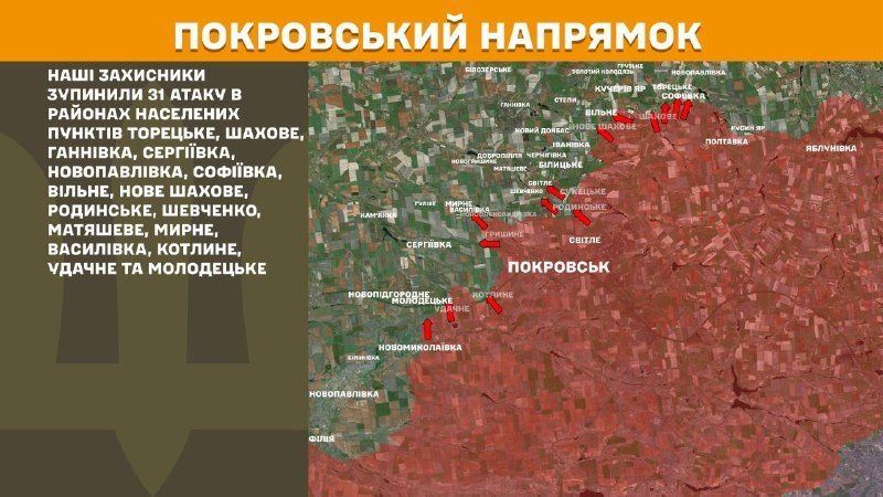 At Pokrovsk direction clashes yesterday near Toretske, Shakhove, Hannivka, Serhiyivka, Novopavlivka, Sofiyivka, Vilne, Nove Shakhove, Rodynske, Shevchenko, Matyasheve, Myrne, Vasylivka, Kotlyne, Udachne and Molodetske, - General Staff of Armed Forces of Ukraine reports