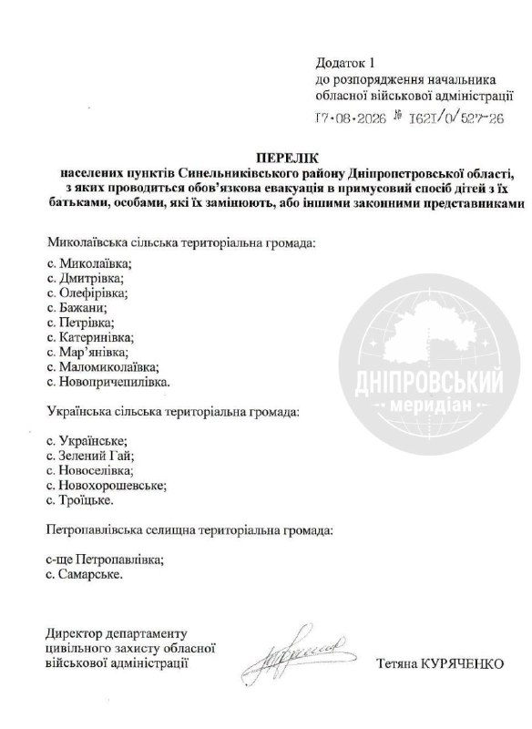 Mandatory evacuation of children with their parents has been declared in the settlements of the Mykolaivka rural territorial community: Mykolaivka; Dmytrivka; Olefirivka; Bazhany; Petrivka; Katerynivka; Maryanivka; Malomykolayivka; Novoprychepylivka. Ukrainian rural territorial community: Ukrainske; Zelenyy Gay; Novoselivka; Novokhoroshevske; Troitske. Petropavlovsk settlement territorial community: Petropavlovsk; Samarske