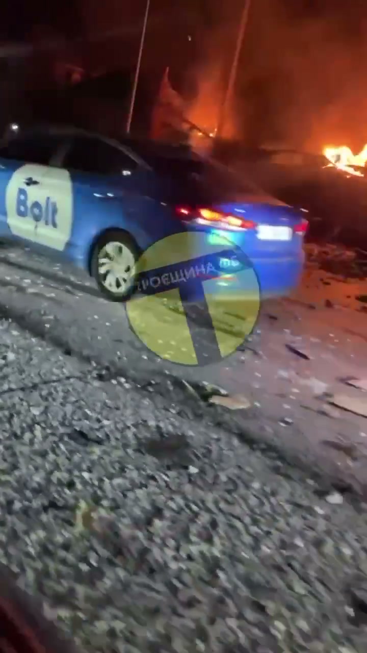 Big fire at the site of drone strike in Pohreby in Kyiv region