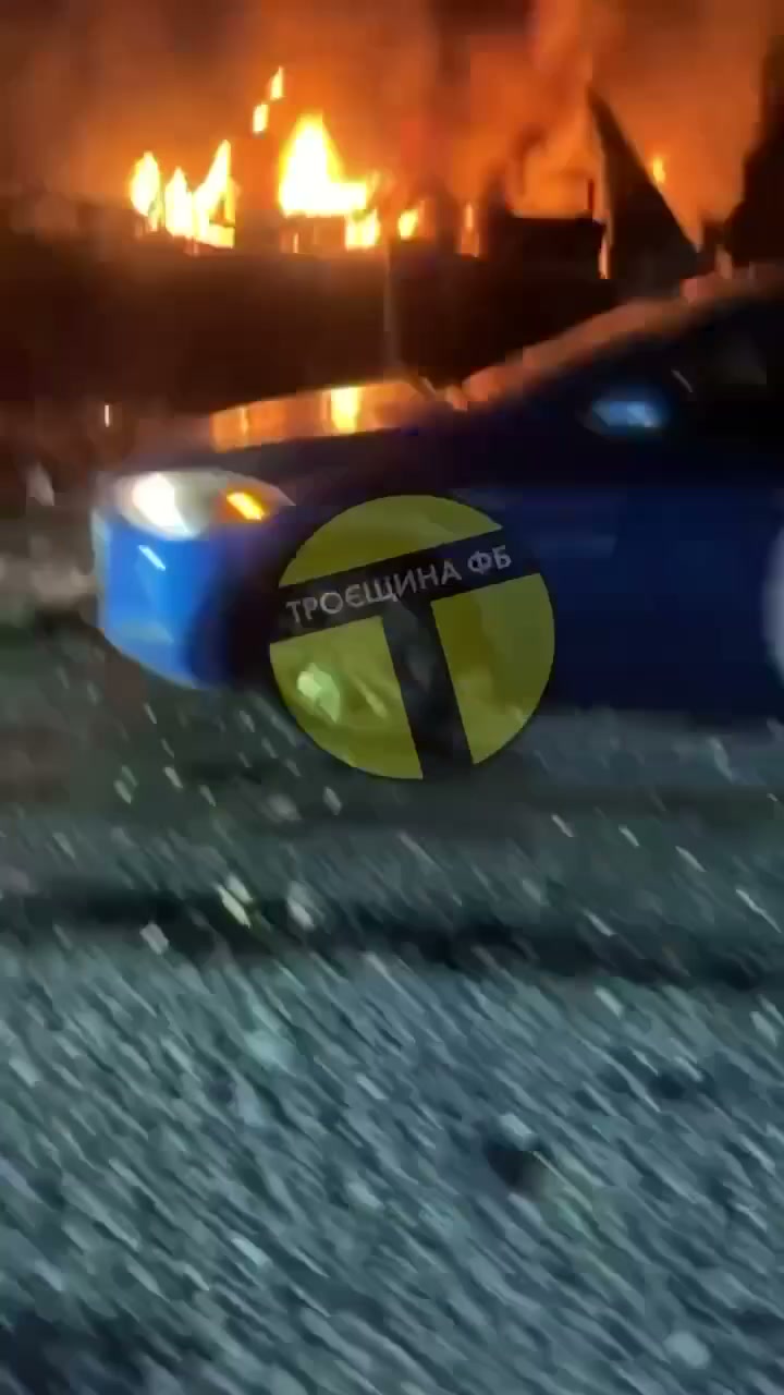 Big fire at the site of drone strike in Pohreby in Kyiv region