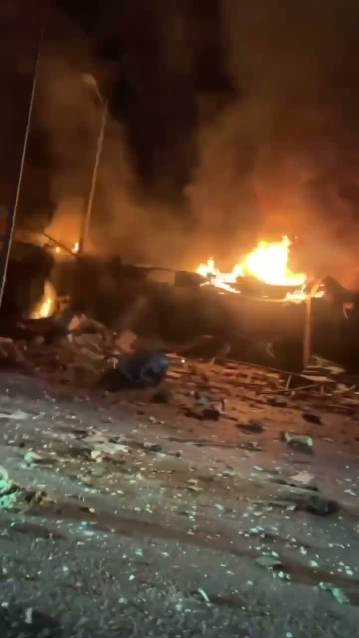 Big fire at the site of drone strike in Pohreby in Kyiv region