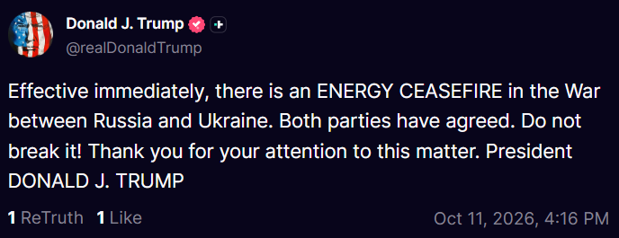 Трамп оголосив про негайне енергетичне припинення вогню між Росією та Україною, заявивши, що обидві сторони погодилися на цю угоду.