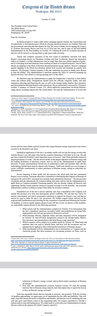 Dans une lettre bipartisane adressée au président Trump, 22 parlementaires américains ont appelé à appliquer pleinement les sanctions contre la Russie avant l'échéance du 18 octobre, en ciblant les revenus énergétiques de Moscou et le contournement des sanctions afin de pousser Poutine à négocier la paix en Ukraine.